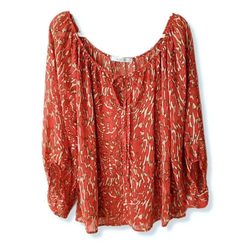 Karlie Women Red Tan Print Sheer Blouse Top L Career Casual Modern Boho  USA NEW